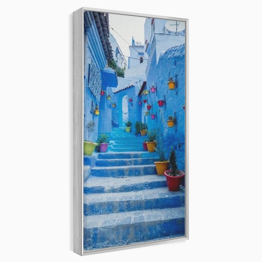 Tablou canvas cu tablou canvas cu straduta albastra din maroc, in rama de aluminiu argintiu